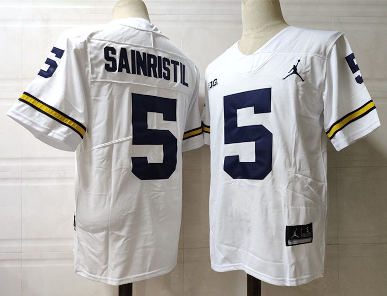 Men Michigan Wolverines #5 Sainristil White 2024 Vapor NCAA Jersey